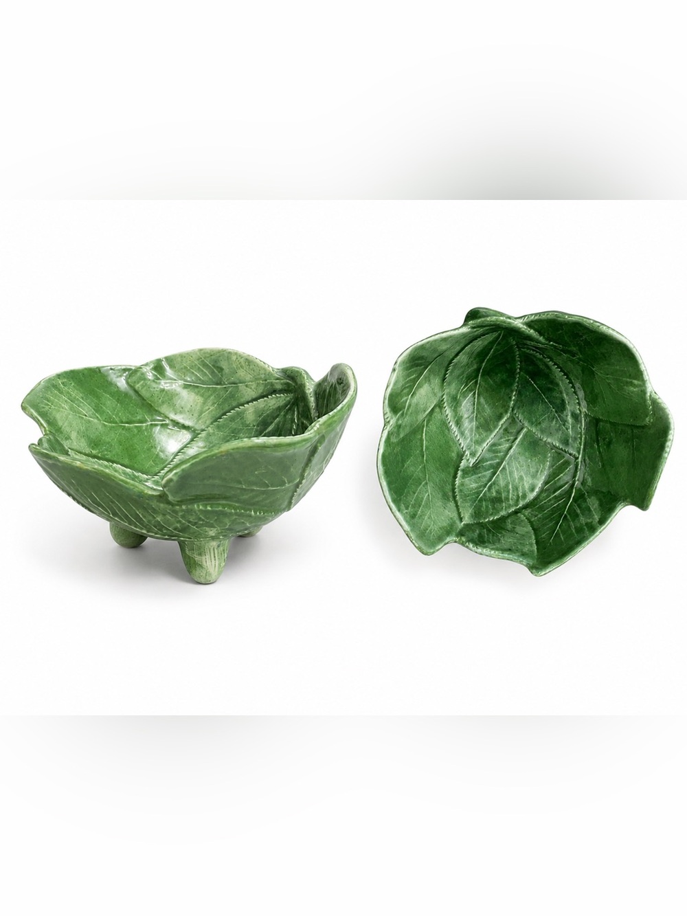 Vietri Italian Leaf-Shaped Ceramic Bowls in Glossy Green